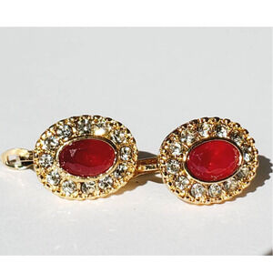 Ruby Colored Red Glass Earrings with CZ Surround in Gold Colored Setting
